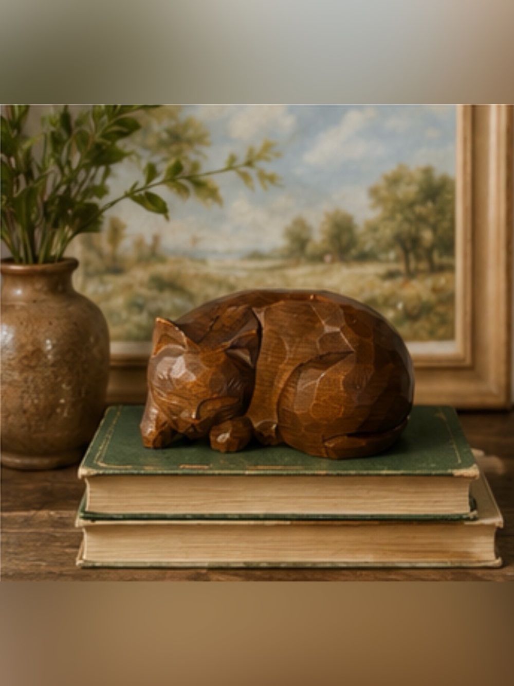 Vintage Wooden Sleeping Cat Hand Carved Sculpture Rustic Cottage Home Decor